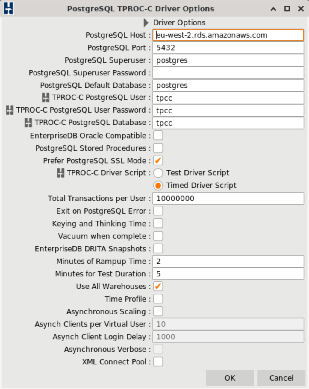 PostgreSQL HammerDB Test Settings